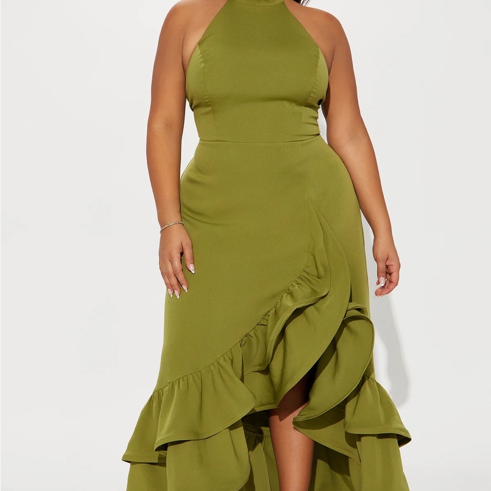 Fashion Nova Green Asymmetrical Ruffled Wrap Dress